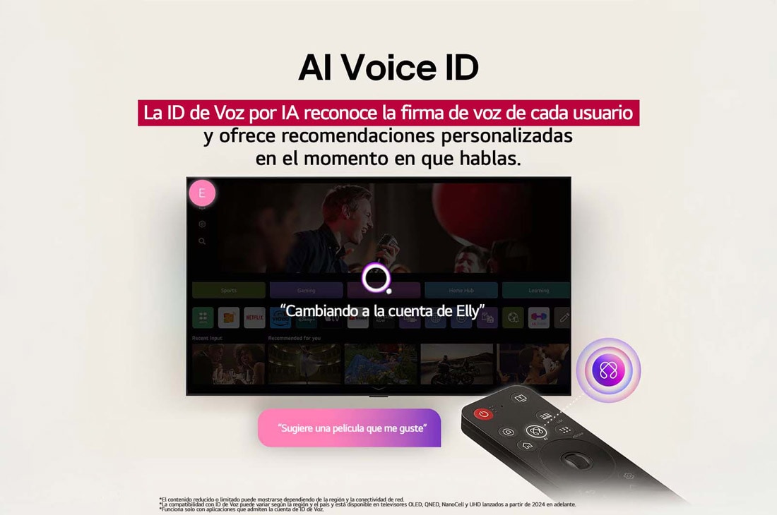LG TV LG NanoCell AI 65'' │ UHD 4K │ Procesador Alpha 7 4K Gen8, La pantalla de una LG TV con un AI Magic Remote de fondo. El botón de IA está resaltado y con un globo de texto: Sugiere una película que me guste. En la pantalla, se muestra el ícono de usuario E, qu, 65NANO80ASA, thumbnail 9